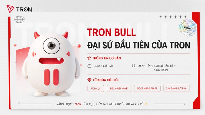 The image features a cartoon character resembling a white monster or troll with red horns and a big nose. The character has a name tag that reads "Sparkling eyes full of vitality" and a small smiley face, giving it a friendly appearance. The character is standing in front of a banner that says "TRON BULL D'A SU DAI TEN CUA TRON", which translates to "TRON BULL D'A SU DAI TEN CUA TRON". Below the character's name tag, there are some text elements written in Thai. The image also includes a watermark at the bottom that reads "tronbull.com".