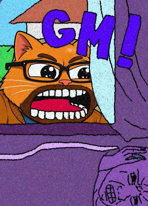 A cartoon illustration of an orange cat with glasses and a beard shouting "GM!" in large purple letters.