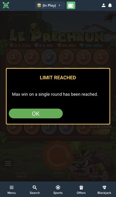A screenshot of a "Le Prechaun" slot game on Duelbits displays a pop-up message reading "LIMIT REACHED" with the text "Max win on a single round has been reached," confirming the user's first max win achievement. The interface shows a balance of $400.39 against a bet min of $0.10 and bet max of $8,000.00, capturing the moment the maximum win limit was hit during gameplay.