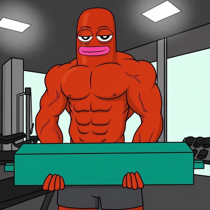 Cartoon illustration of a muscular red figure with large pink lips standing in a gym setting, holding a teal-colored object.