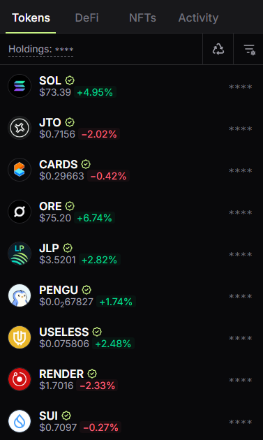 A crypto wallet's "Tokens" holdings tab shows CARDS at $0.29663 with a -0.42% change, alongside other holdings like SOL (+4.95%), JTO, ORE (+6.74%), JLP, PENGU, USELESS, RENDER, and SUI, providing current price and 24-hour performance data for the post's discussion of CARDS as a Solana ecosystem token to watch.