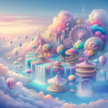 A whimsical carnival scene unfolds on a floating island, featuring colorful buildings and rides amidst a sky of clouds and balloons.