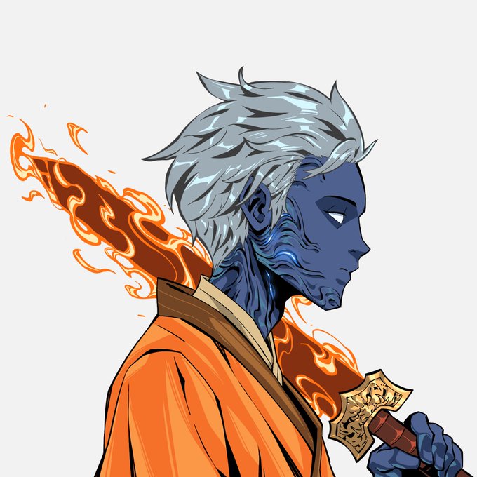 An anime-style illustration of a blue-skinned character with white hair, wearing an orange robe, holding a sword engulfed in flames.