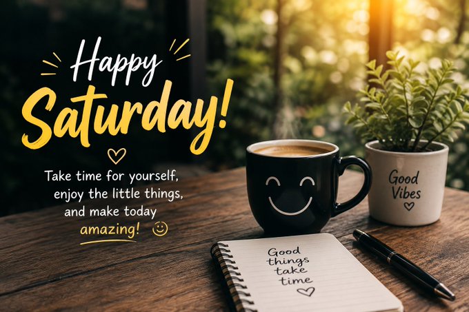 'Happy Saturday' inspirational image featuring a smiling coffee mug, a 'Good Vibes' plant, and a notebook with 'Good things take time' written on it, set on a wooden table with forest scenery in the background.
