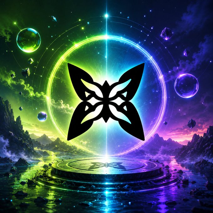 A black butterfly emblem floats within a glowing green-and-blue circular portal, hovering above a reflective platform in a cosmic landscape of crystalline orbs and jagged mountains. The image's mystical, high-tech aesthetic visually reinforces the post's theme about the powerful infrastructure underlying AI breakthroughs, framing @QuipNetwork's work as something transformative and otherworldly.