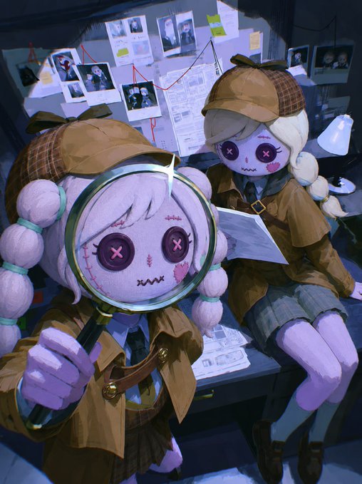 An illustration showing two doll-like figures with stitched faces, button eyes, and stitched mouths dressed as detectives in brown coats and hats, with one holding a magnifying glass in what appears to be an investigation room.