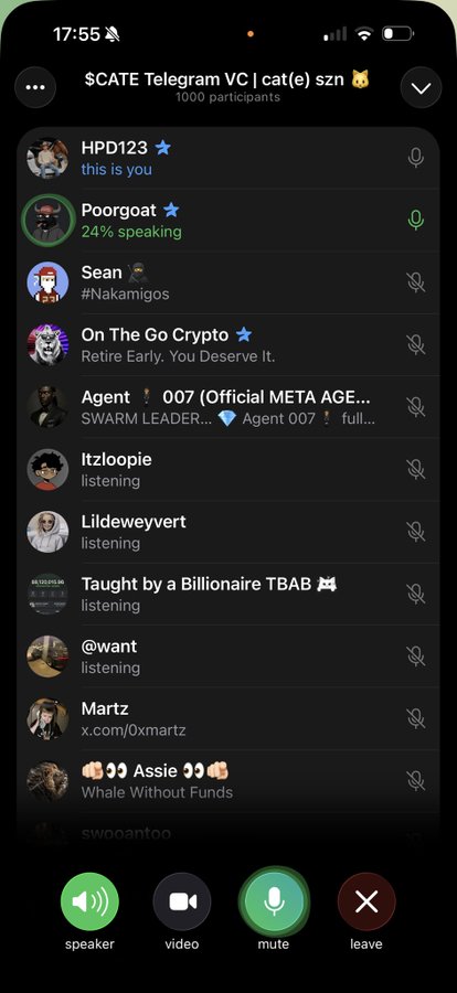 A Telegram voice chat titled "$CATE Telegram VC | cat(e) szn 🐱" shows 1,000 participants, including user "Poorgoat" actively speaking, supporting the post's claim about the growing community and momentum behind the CATE project.