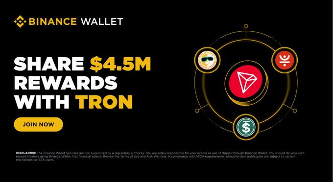 A Binance Wallet promotional banner advertising 'SHARE $4.5M REWARDS WITH TRON' featuring a 'JOIN NOW' button and various crypto token icons.