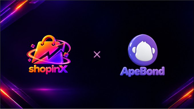 A promotional graphic featuring the ShopinX logo on the left (a shopping bag with an upward arrow) and the ApeBond logo on the right (a purple circle with a white monkey icon), set against a dark background with neon accents.