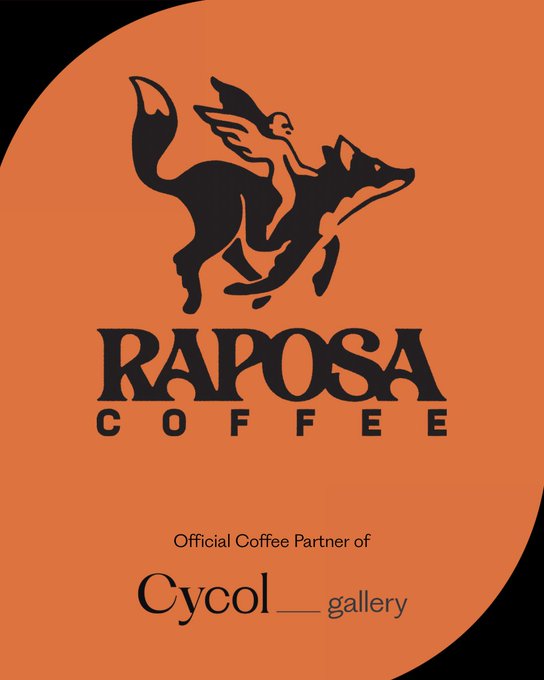 An orange graphic for 'Raposa Coffee' featuring a black logo of a figure riding a wolf-like creature, noting they are the 'Official Coffee Partner of Cyco__ gallery'.
