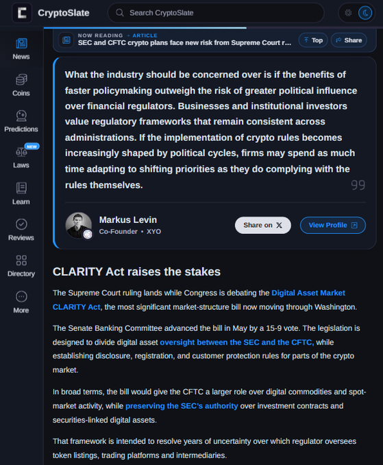 A screenshot of a CryptoSlate article featuring expert commentary from XYO Co-Founder Markus Levin on the Supreme Court ruling's impact on SEC and CFTC crypto plans, including a quote about the risks of faster policymaking versus political influence on financial regulators, alongside coverage of the Digital Asset Market CLARITY Act being debated in Congress.