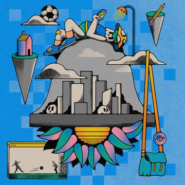 A vibrant illustration featuring a skater character doing a trick above a cityscape, with soccer balls, paint supplies, and a sports game window at the bottom, tying into the "after school" theme that blends skateboarding, urban life, and various sports and creative activities.