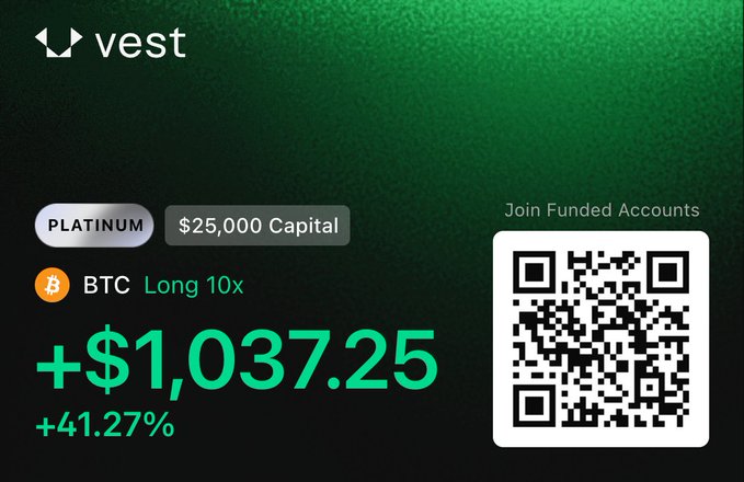 Vest trading promotion showing a PLATINUM $25,000 Capital account with a BTC Long 10x position at +$1,037.25 (+41.27%), featuring a QR code to join funded accounts.
