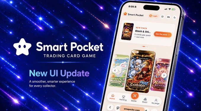 The image is a promotional graphic for "Smart Pocket Trading Card Game" announcing a "New UI Update" with the tagline "A smoother, smarter experience for every collector," set against a starry blue background. On the right, a smartphone mockup displays the updated app interface featuring card packs like "Black & Shi..." and "Samurai" along with navigation tabs for Home, Ranking, Battle, Web3, and My Page, visually showcasing the redesigned user experience mentioned in the post.