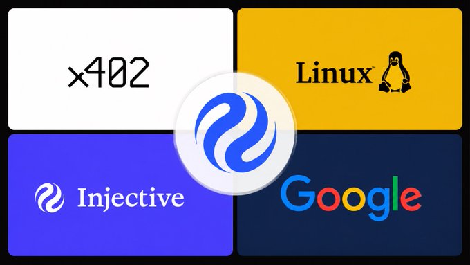 The image features a four-panel collage displaying the logos and names of x402, Linux Foundation, Injective, and Google, arranged around a central Injective swirl emblem. It visually represents Injective joining the x402 Foundation alongside its established members, including Google, under the Linux Foundation's umbrella to collaborate on standardizing web and machine-to-machine payments infrastructure.