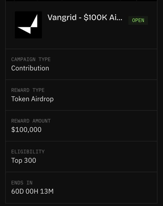 A dark-mode campaign information panel for Vangrid showing a $100,000 Token Airdrop reward for Top 300 contributors, ending in 60D 00H 13M.
