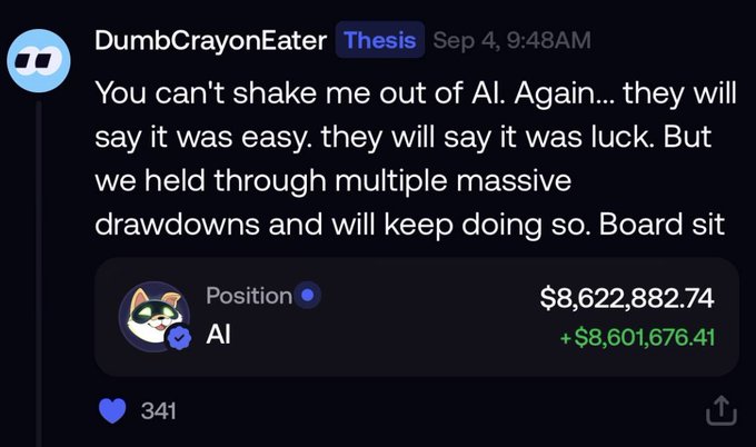 A user "DumbCrayonEater" posts in the "Thesis" channel about holding through AI market drawdowns, showing an AI position worth $8,622,882.74 with gains of +$8,601,676.41. The caption "AURA" relates to the user's confident, boastful tone celebrating their massive AI investment returns despite market volatility.