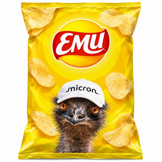 A yellow bag of Emu chips featuring a photograph of an emu wearing a white cap with the 'micron' logo.
