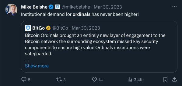 A tweet from Mike Belshe (@mikebelshe) dated March 30, 2023, commenting 'Institutional demand for ordinals has never been higher!' in response to a BitGo post about Bitcoin Ordinals and key security components.