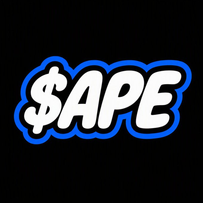 The image displays a bold, bubble-style logo with the text "$APE" in white with a blue outline against a black background, visually reinforcing the post's thesis statement about $APE.