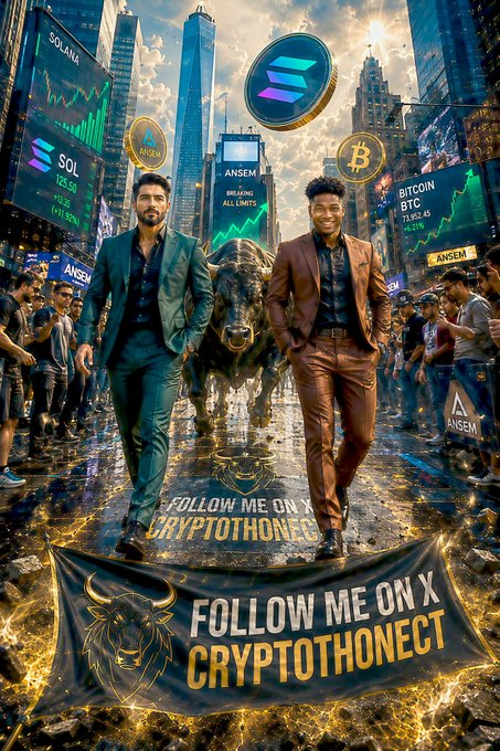 Two men in suits stand with a golden bull statue in a city street lined with billboards showing crypto tickers like SOL, BTC, and ANSEM, with a banner reading 'FOLLOW ME ON X CRYPTOTHONECT'.
