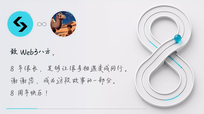 A Chinese message to 'Web3' celebrating an 8-year anniversary, featuring a blue logo, a camel avatar, and a 3D infinity symbol.