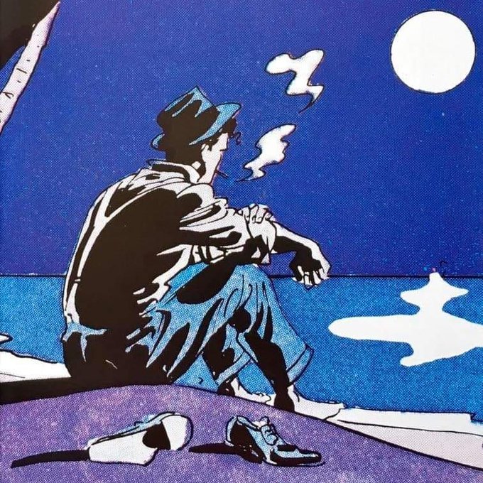 A stylized blue-toned illustration of a man in a hat and jacket sitting on a ledge at night, smoking, with his shoes placed in front of him and a full moon in the sky.