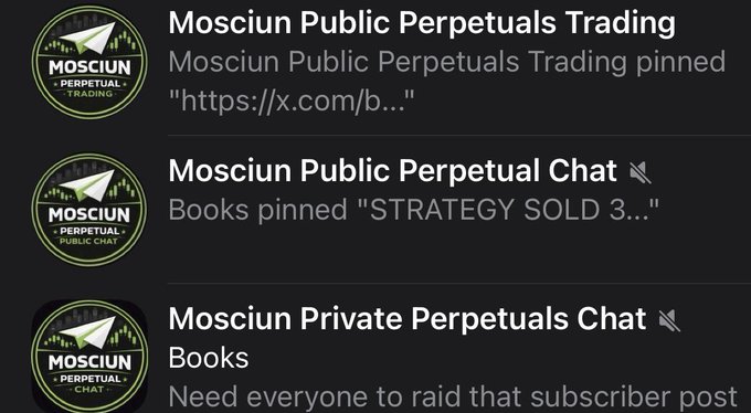 Three Telegram group listings for 'Mosciun Public Perpetuals Trading,' 'Mosciun Public Perpetual Chat,' and 'Mosciun Private Perpetuals Chat' with a paper airplane logo.
