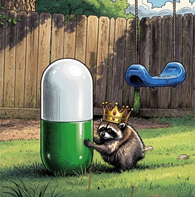 A raccoon wearing a golden crown pushes a large green pill capsule across a grassy backyard, with a blue swing hanging from a tree in the background. The image parodies "raccoon lore" internet culture, framing the crowned raccoon as a pill-pushing king ruling over the yard while referencing $Jimothy, a meme coin ticker that mirrors the absurd, hype-driven energy of the post.