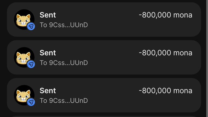 The image shows three identical transaction records displaying "Sent" transfers of "-800,000 mona" to address "9Css...UUnD" with Shiba Inu profile icons. These repeated 800,000 MONA transfers visually reinforce the airdrop claim amount mentioned in the accompanying post promoting a supposed MONA token giveaway.