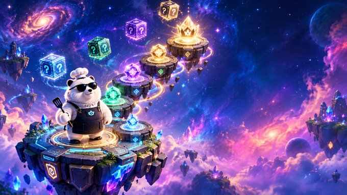 A vibrant, colorful digital illustration of a panda chef wearing sunglasses and an apron, holding a spatula while standing on a floating stone platform surrounded by glowing mystery boxes and crystal gems set against a cosmic purple and pink nebula sky.