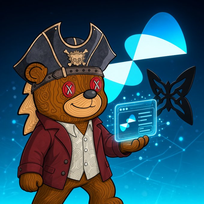 A cartoon pirate teddy bear wearing a tricorn hat and red jacket holds a holographic digital interface, set against a blue background featuring a butterfly logo and an 'X' symbol.
