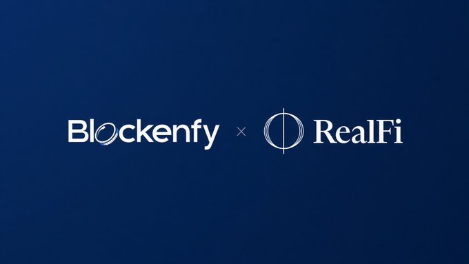 Dark blue background with white text 'Blockenfy × RealFi' showing a logo collaboration.