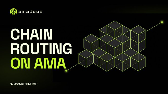 A promotional banner with the text 'CHAIN ROUTING ON AMA' for the blockchain project Amadeus, featuring geometric cube designs on a dark background.