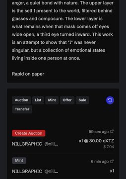A screenshot of an NFT marketplace interface displaying a description of an artwork and auction details, including a 'Create Auction' button and listings by 'NILLGRAPHIC @nill...'.