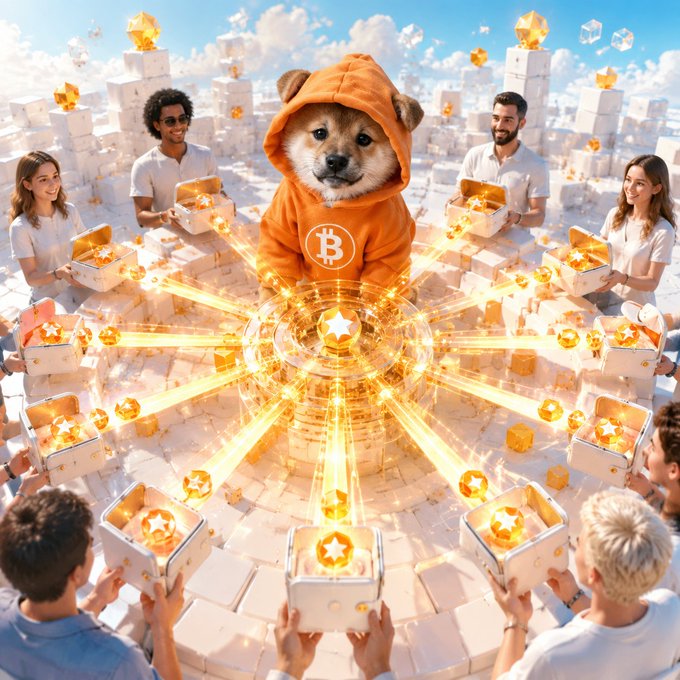 A digital illustration featuring a Shiba Inu dog wearing a Bitcoin hoodie, standing in the center of a circle of people receiving boxes of glowing gold stars.