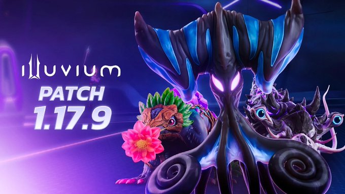 Promotional graphic for Illuvium Patch 1.17.9, featuring three glowing creature characters in vibrant purple and blue tones, advertising the Arena update that splits queues for new players and rebalances Fire, Mystic, Harbinger, and Augment classes.