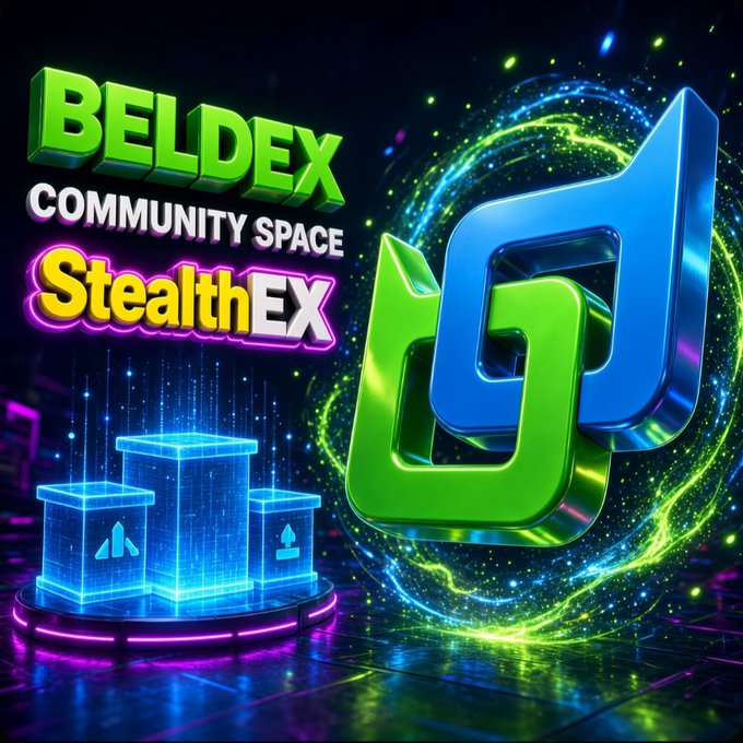 A colorful digital advertisement featuring the text 'BELDEX COMMUNITY SPACE' and 'StealthEX' alongside a large 3D green and blue interlocking logo with neon lighting effects.