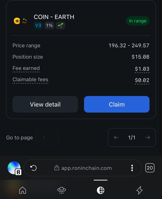 A mobile screenshot of app.roninchain.com showing a liquidity pool for 'COIN - EARTH' (Version 3, 1%) with a position size of $15.08, fee earned of $1.03, and claimable fees of $0.02.