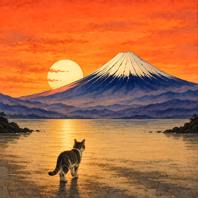 A digital painting depicts a tabby cat standing in shallow water, gazing at Mount Fuji under a vibrant orange sunset with a large yellow sun.
