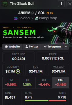 A token information card for $ANSEM on Solana blockchain showing a price of $0.2491 (0.003312 SOL) with $2.1M liquidity, $249.1K FDV, and $249.1M market cap. The card displays 24H price change of -3.46% and features a black bull graphic with the text 'Charges forward. No matter what.'
