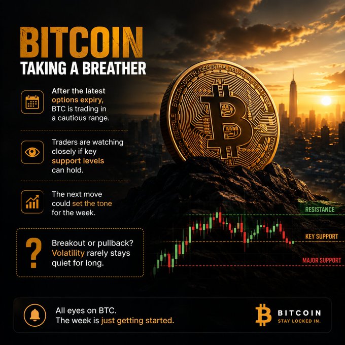A financial analysis graphic titled 'BITCOIN TAKING A BREATHER' featuring a large Bitcoin coin on a mountain, with key points about options expiry, support levels, and a price chart showing resistance and support levels.