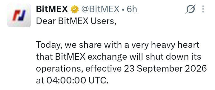 A tweet from BitMEX (@BitMEX) announces the shutdown of their exchange operations effective 23 September 2026 at 04:00:00 UTC. The image relates to the accompanying post's humorous point that even major crypto exchanges can shut down, listing alternatives like Bitget, Binance, OKX, MXC, and Bybit with the quip "if any of them shutdown: Omo."