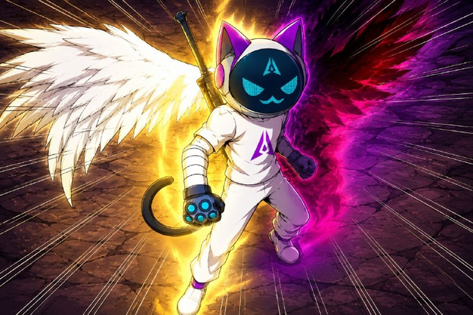 An illustrated character in an astronaut suit with cat ears, one white angel wing, and one dark purple demonic wing, holding a sword and wearing an 'A' logo on the chest.