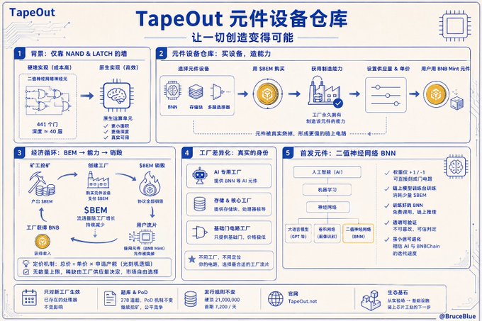 This infographic, titled "TapeOut元件设备仓库" (TapeOut Component Equipment Warehouse) with the tagline "让一切创造变得可能" (Making all creation possible), outlines the TapeOut ecosystem across five sections covering its background (44 NAND + 40 LATCH 441 gates, "Turing-complete"), equipment marketplace mechanics (BNN, SBEM Mint, with 2M foundry capacity and 1,720 daily slots), economic loops, factory differentiation, and the pioneering "Binary Neural Network" (BNN) AI applications—supporting the post's vision of TapeOut as a real, structured "processor factory" ecosystem with diverse on-chain services rather than a passing trend.