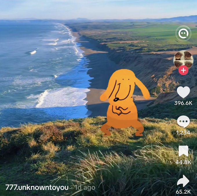 An orange animated character stands on a grassy cliff overlooking a scenic coastline, displayed as a TikTok video from user '777.unknowntoyou' with '396.6K' likes.