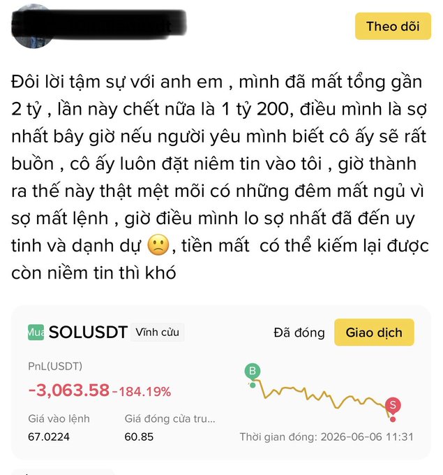The image shows a screen displaying an account of someone who has lost money with a screenshot of a price chart for Bitcoin showing a downward trend. The poster adds emojis, expressing their feelings about losing the coinage or shares they've invested. They also include the phrase "so mat thai gia tinh kien." which translates to "We are sorry that you lost". The post includes the account name, "SOLUSDT", and a message saying "Don't worry! We are here for you." This message provides comfort and support during this difficult situation.