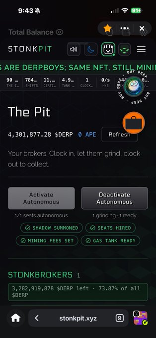 A mobile screenshot of the STONKPIT website showing 'The Pit' page with a total balance of 4,301,877.28 $DERP, featuring 'STONKBROKERS' activation controls and status indicators like 'SHADOW SUMMONED' and 'SEATS HIRED'.