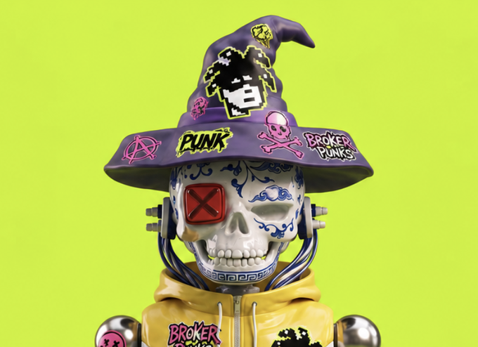 A stylized 3D skull character wearing a purple witch hat with a pixelated 'B' and skull, sporting a red eyepatch, mechanical ears, and a yellow hoodie, all covered in 'BROKER PUNKS' graffiti graphics against a lime green background.