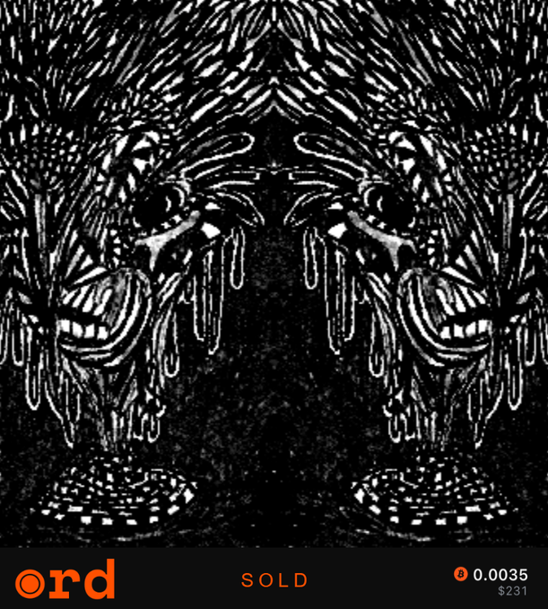 A symmetrical black and white artistic illustration of a tiger's face with dripping, melting features, displayed on an 'ord' NFT marketplace listing marked as SOLD for $231 (0.0035 ETH).